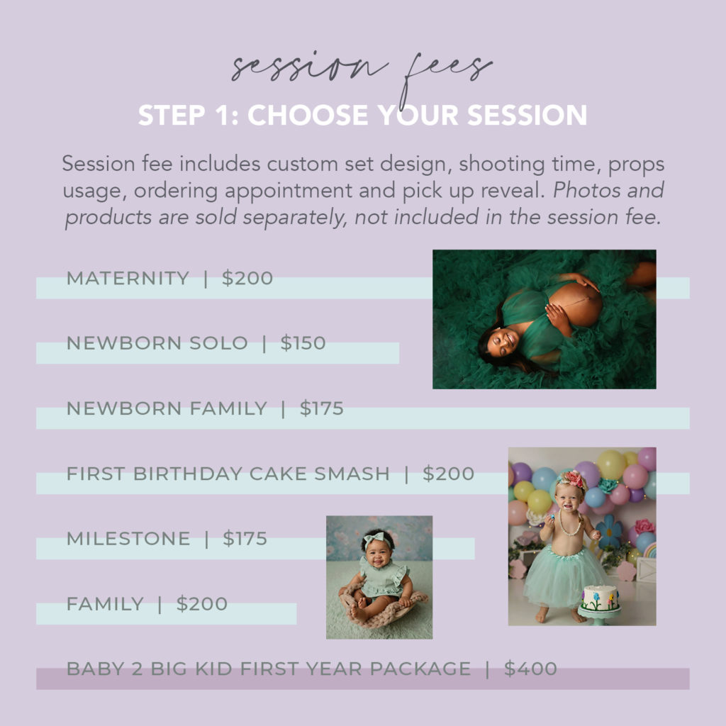 Session fees, portrait session, family session, maternity session, newborn session, cake smash, package, session package, photo package